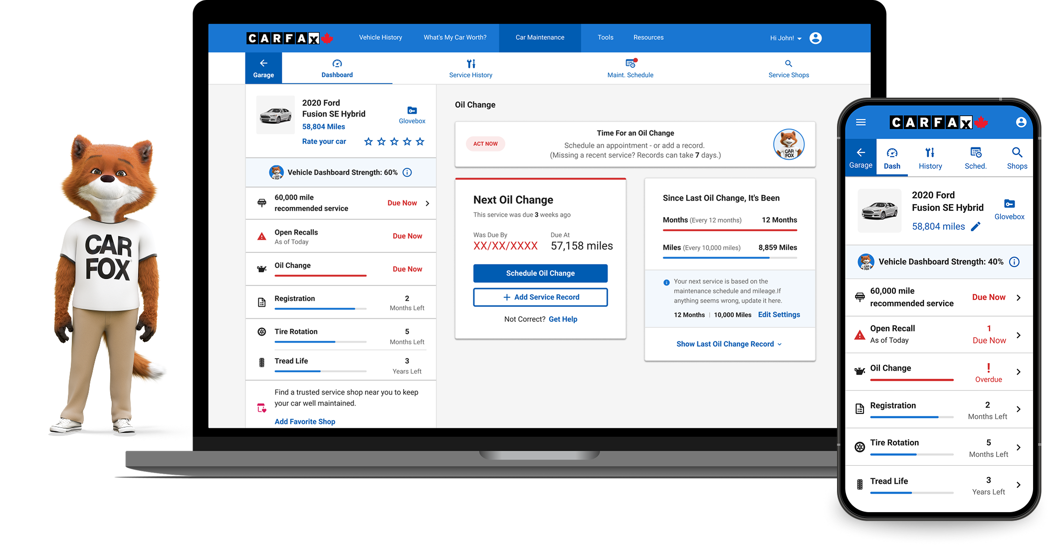 Car fox and a screenshot of the Car Care homepage on a desktop device and a mobile device